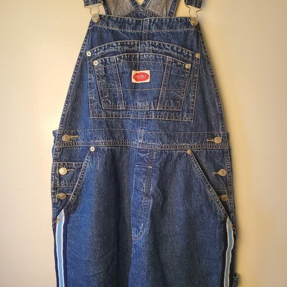 Vintage Revolt Mens L Bib Overalls Blue Denim With Ribbon Side Stripes Festival